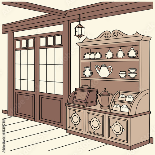 Vintage shop interior with display cabinet cash register and double doors