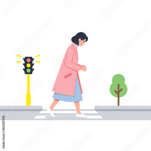Young woman walking cautiously at crosswalk near traffic light  