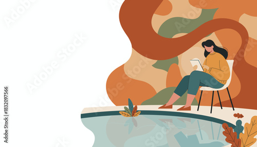 Woman sits by a pond using a tablet in a warm abstract landscape symbolizing comfort and digital work