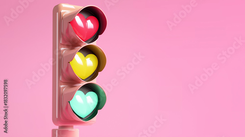 A pink traffic light with three heart-shaped lights—red, yellow, and green—set against ample blank space, making it perfect for a Valentine’s Day gift card design.