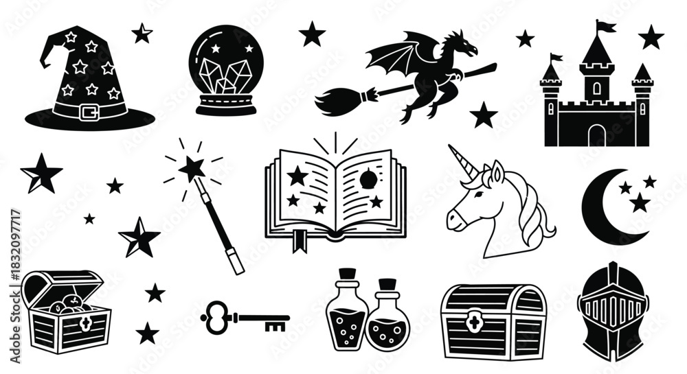 Fototapeta premium Fantasy vector icons set magical elements and fairy tale items