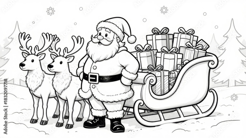 Obraz premium A coloring book of a christmas cheer with jolly santa, reindeer, and gifts sleigh in winter wonderland scene for holiday coloring activity