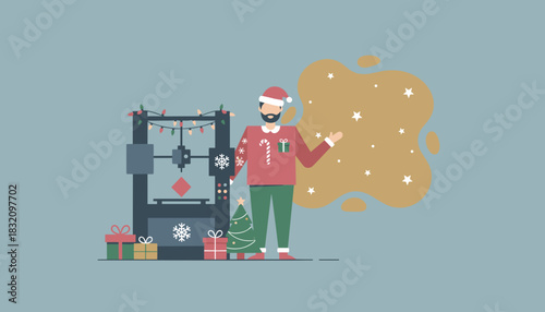 Bearded man in ugly sweater uses 3D printer for holiday creation