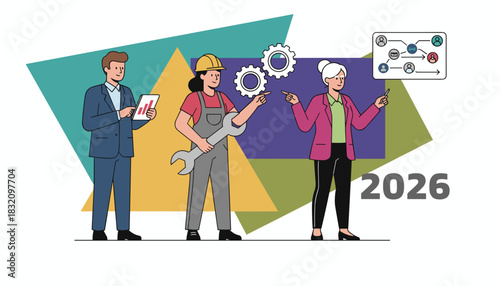 Diverse team planning strategy for 2026 combining industry finance and system management