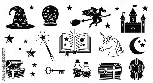 Fantasy vector icons set magical elements and fairy tale items