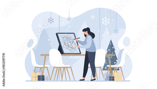 Analyzing complexity woman works on tangled lines on a tablet in a modern winter office illustration