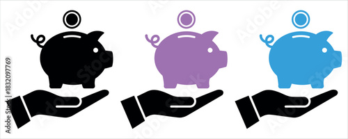 Hands offering colorful piggy banks with coins, symbolizing savings and investment for financial security and future growth, perfect for business promotions.
