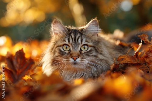 Cozy feline relaxing among vibrant autumn leaves with warm sunlight illuminating the cheerful scene in a natural outdoor setting