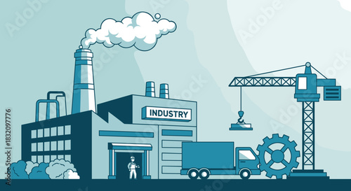 Factory illustration production logistics and construction with crane and delivery truck