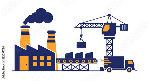 Industrial manufacturing complex icon with factory crane conveyor belt and delivery truck