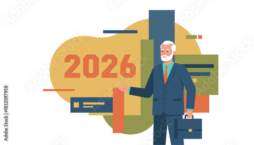 Senior executive presenting 2026 business forecast strategy and financial planning illustration