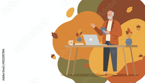 Elderly man working on tablet and laptop in cozy autumn home office setting