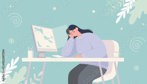 Woman suffering burnout while working remotely in winter Overwork and fatigue concept
