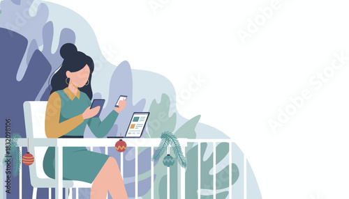 A woman works remotely on a balcony using multiple devices during the winter holidays