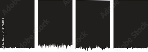 Grungy Black Paint Brush Strokes Set . A set of four distinct, vertical black abstract shapes with a rough, distressed, or grungy bottom edge.