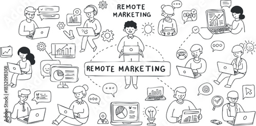 A collection of remote marketing concepts illustrated in a flat hand-drawn vector style, ideal for digital marketing projects
