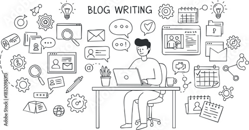 A person writing a blog in a minimalist outline vector style, surrounded by icons related to writing, communication, and digital marketing, suitable for content creation and digital marketing projects