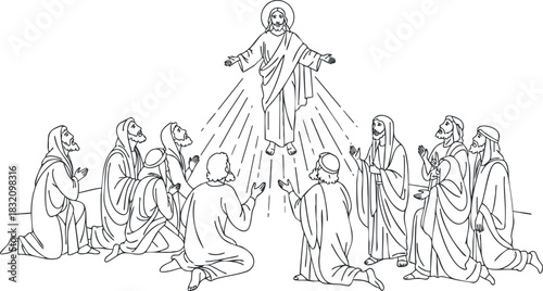A depiction of Jesus Christ appearing to his disciples in a line art outline vector style, suitable for religious and spiritual projects