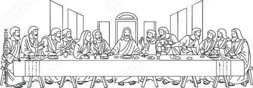 A line art illustration of The Last Supper featuring Jesus and his disciples in minimalist black and white style, suitable for religious art projects