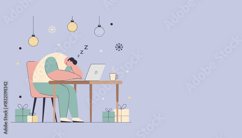 Holiday work burnout Tired employee sleeping at desk with laptop and Christmas decorations