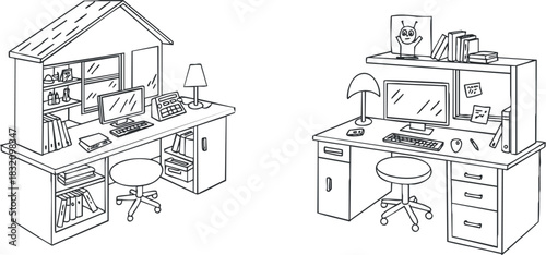 A minimalist vector illustration of two home office desks, one with a house-shaped bookshelf and the other with a modern workspace setup, suitable for interior design projects.