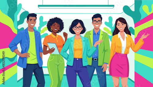 Diverse confident business team standing in a vibrant modern office symbolizing teamwork and success
