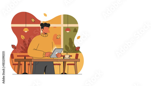 Man using tablet and drinking coffee in a cozy autumn cafe freelance work or digital communication