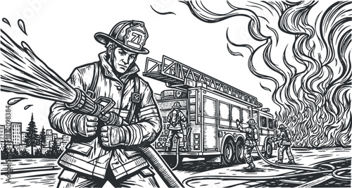 A firefighter using a water hose to combat flames with a fire truck in black and white vector illustration, suitable for emergency services branding