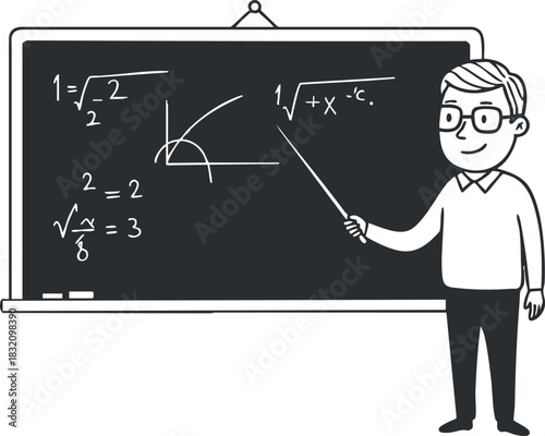 A math teacher explaining equations on a chalkboard in black and white vector style, ideal for educational materials