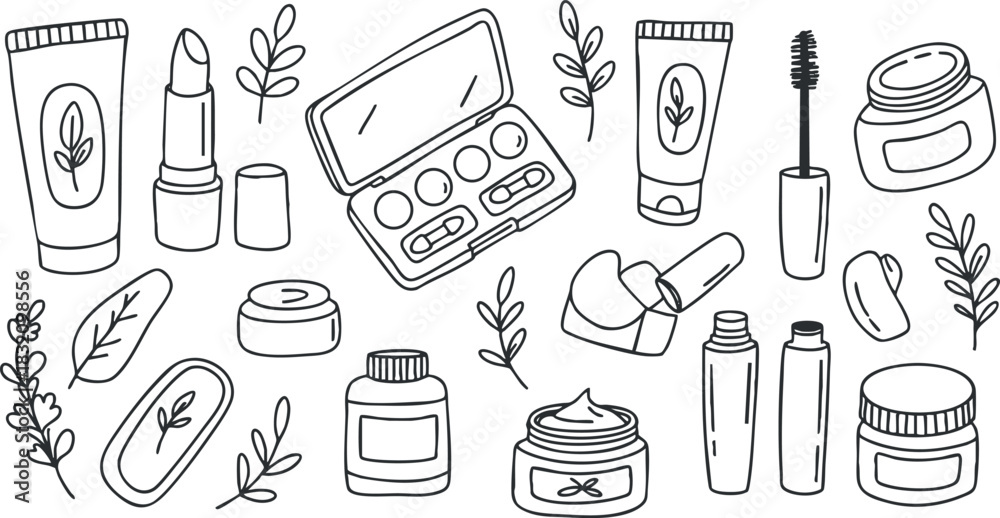 Fototapeta premium A collection of beauty and skincare products including lipsticks, eyeshadows, and creams in a minimalist line art vector style, perfect for cosmetic branding and packaging