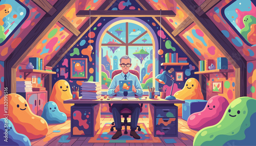 Creative senior man working in a vibrant imaginative attic office with colorful cheerful blob characters