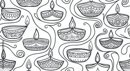 A collection of decorative lamps and candles in black and white outline style, perfect for festive designs and celebrations