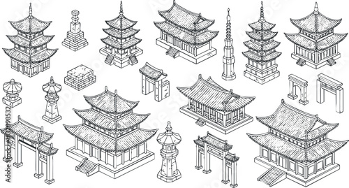 A collection of Asian temple and pagoda structures in detailed outline vector style, suitable for architectural design projects