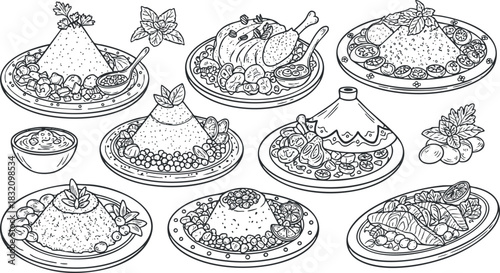 A collection of various traditional dishes in intricate line art style, perfect for culinary-themed designs and restaurant branding