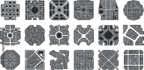 A collection of urban city map designs in black and white geometric vector style, suitable for architecture and planning projects