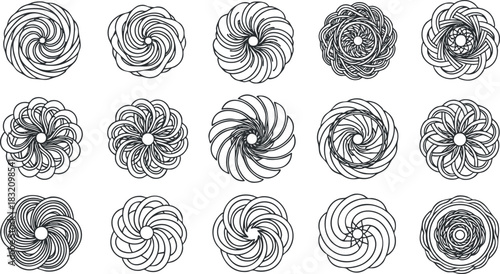 A collection of abstract spiral designs in black and white vector style, suitable for creative projects and backgrounds