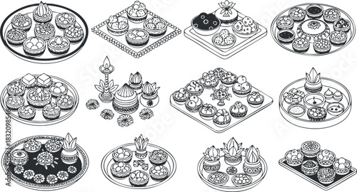 A collection of assorted desserts and sweets in black and white outline vector style, perfect for culinary design and food illustrations