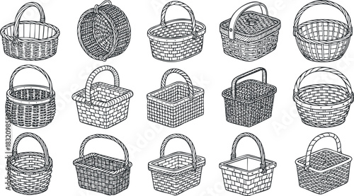 A collection of hand-drawn woven baskets in black and white outline style, ideal for home decor and craft projects