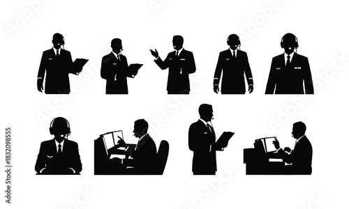 Dynamic air traffic controller in various action poses a striking silhouette representation of aviation control isolated on white background