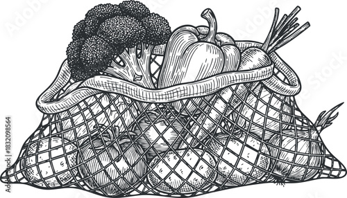 A detailed illustration of a basket filled with fresh vegetables including broccoli, bell pepper, and carrots in black and white sketch style, suitable for organic food branding and culinary designs