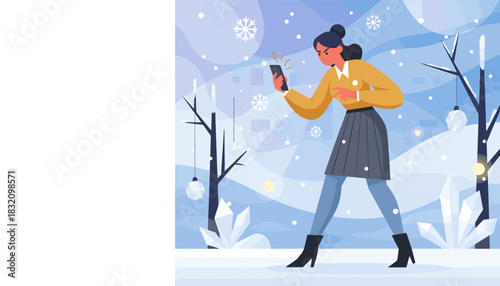 Frustrated woman receiving a bad phone signal in a cold snowy winter park Technology problem concept