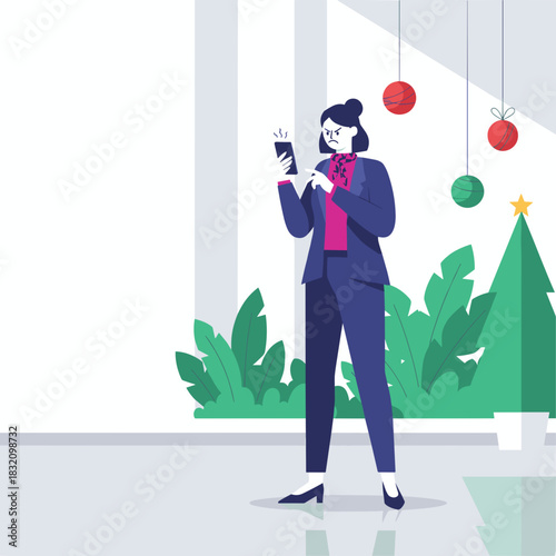 Angry businesswoman checks her phone frustrated by bad signal or stress during office holidays
