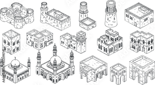 A collection of isometric architectural buildings including castles, mosques, and historical structures in detailed black and white vector style, suitable for design projects and illustrations
