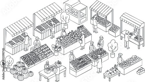 A lively outdoor market scene featuring vendors selling fruits and vegetables in black and white outline vector style, ideal for food-related projects
