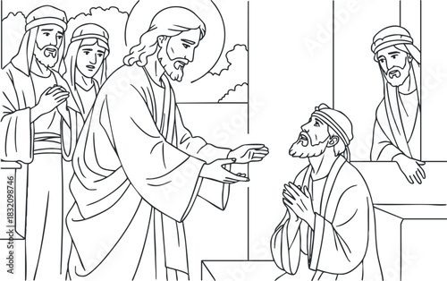 A biblical illustration depicting Jesus healing a man with faith in outline style, suitable for religious education materials