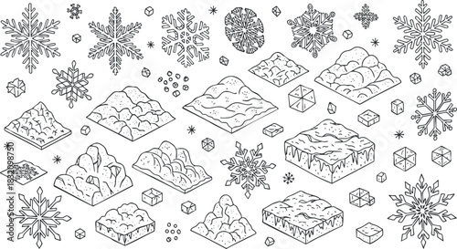 A collection of snowflakes, ice cubes, and snowy hills in a detailed outline vector style, perfect for winter-themed designs
