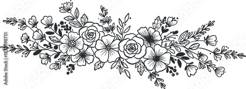 A decorative floral arrangement featuring roses and various flowers in black and white line art style, perfect for invitations and designs