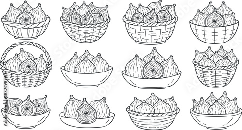 A collection of dumplings in various styles, featuring baskets and bowls in black and white outline vector style, ideal for culinary illustrations