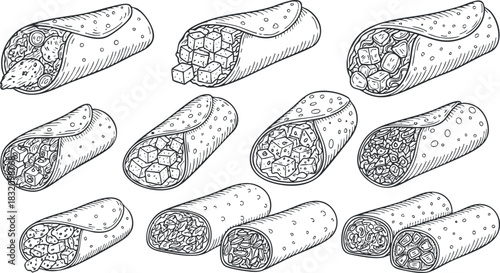 A collection of various burritos and wraps in detailed outline vector style, suitable for food-related designs and menus