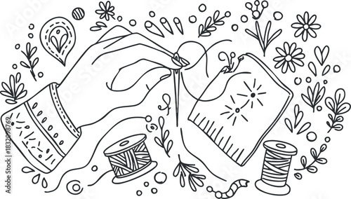 A hand threading a needle with sewing supplies and floral elements in black and white outline style, ideal for craft and sewing projects